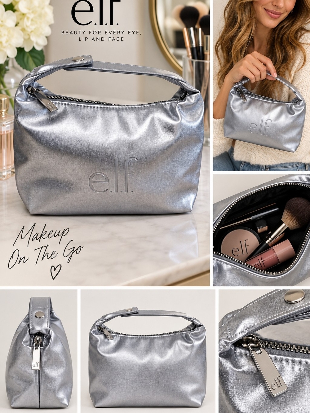 e.l.f. Makeup On The Go Bag. Silver Makeup Bag NWT